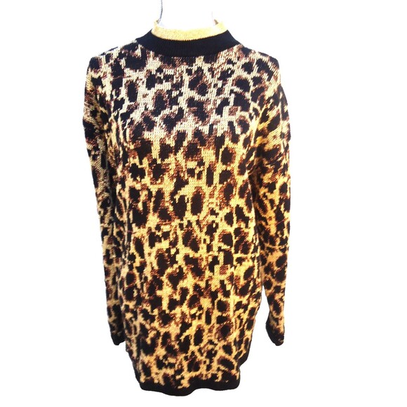 VINTAGE holiday Christmas GOLD SPARKLE GLITTER spotted LEOPARD long SWEATER sz M - Picture 6 of 7